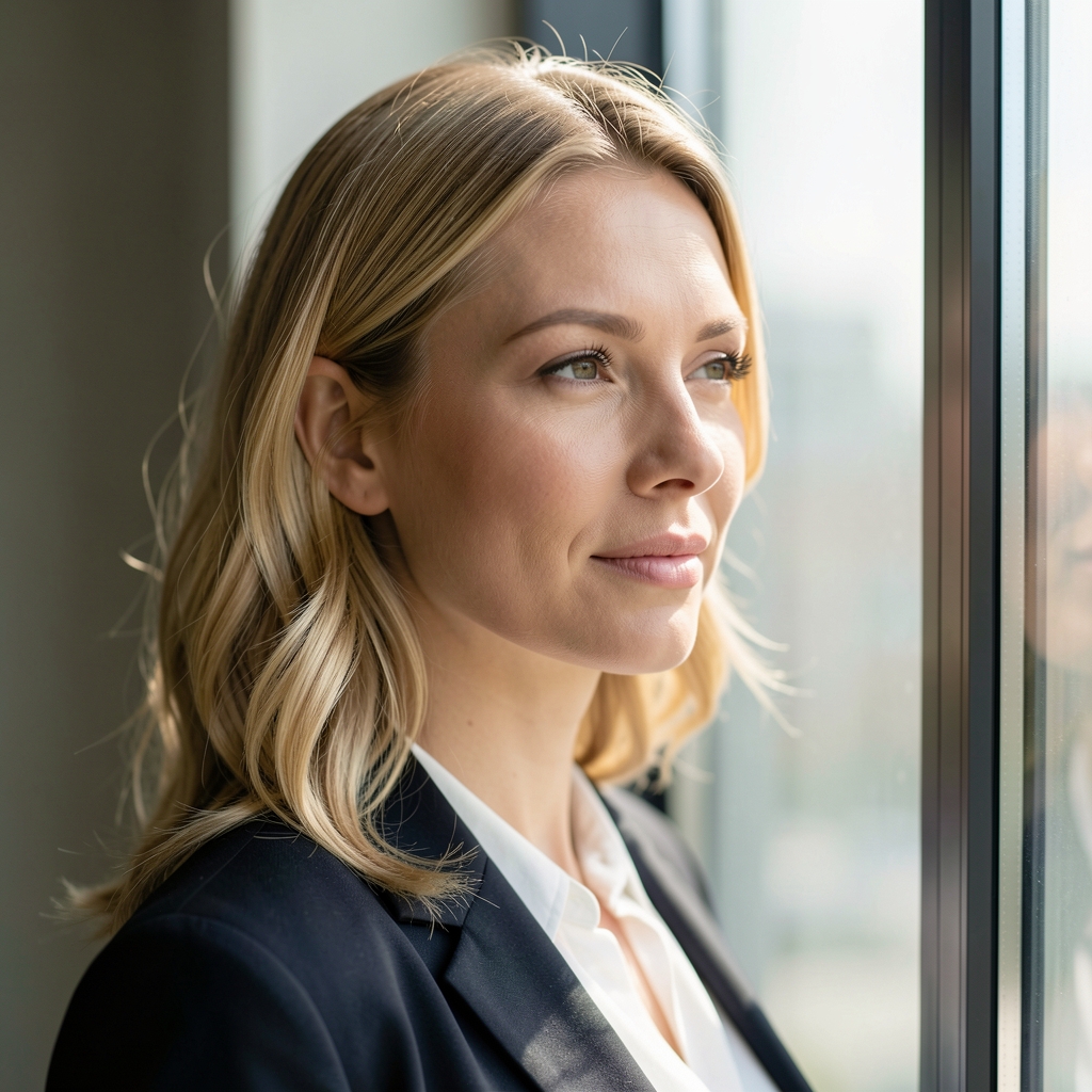 Editorial portrait of a woman with light hair photographed in three-quarter profile next to a tall window with diffused afternoon light
