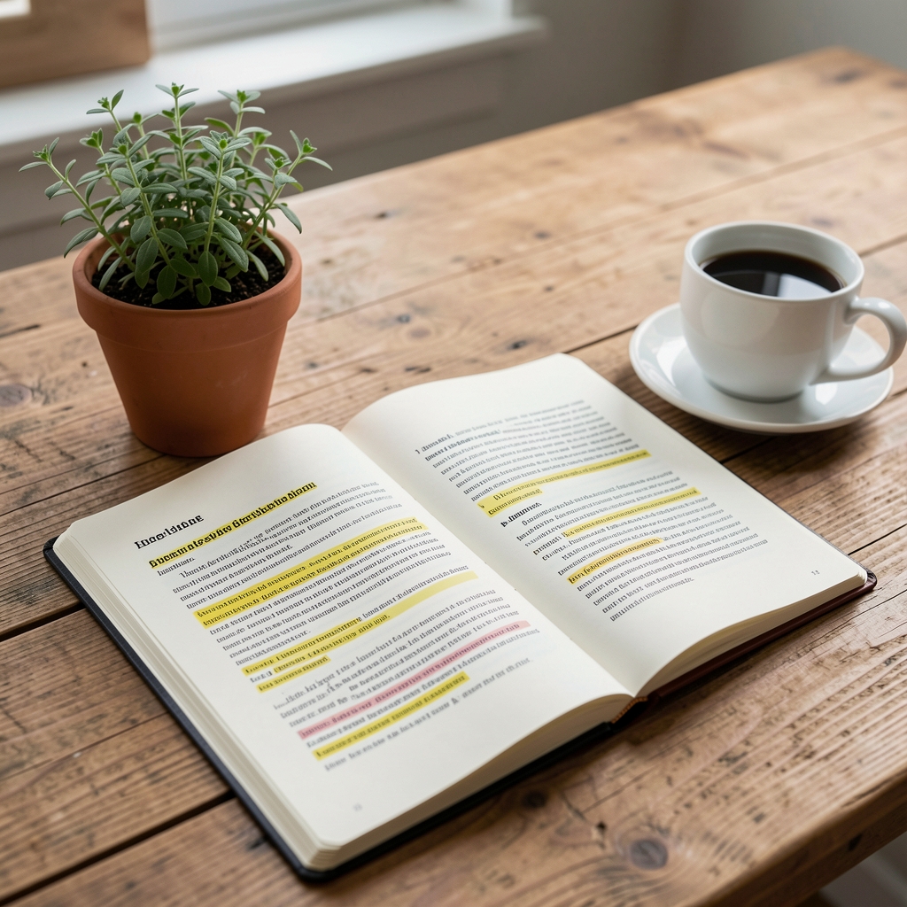 Close-up of a wooden desk with an open research notebook, a printed article with highlighted passages, and a small potted herb plant in a terracotta pot beside a cup of coffee
