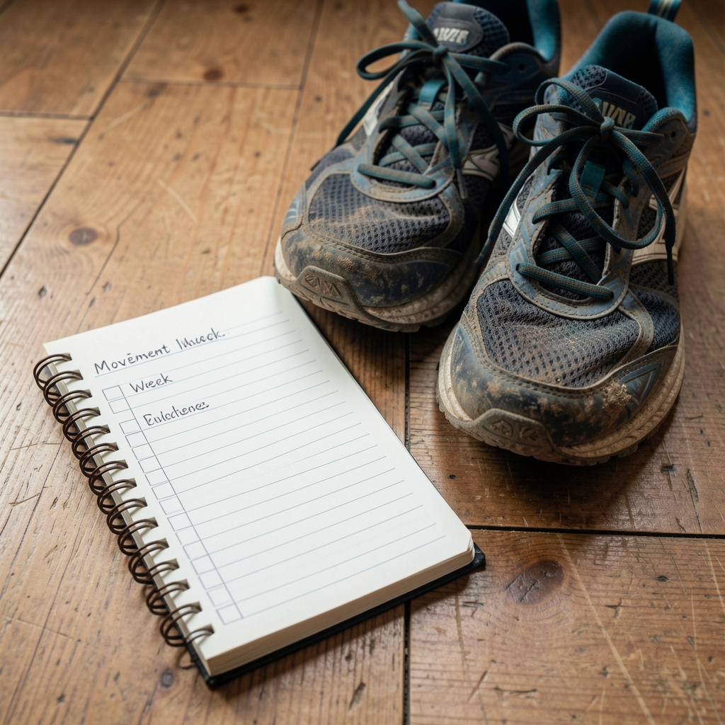 Close-up of worn running shoes placed on a wooden floor beside a simple movement log notebook open to a week's entries, natural daylight from a window to the left